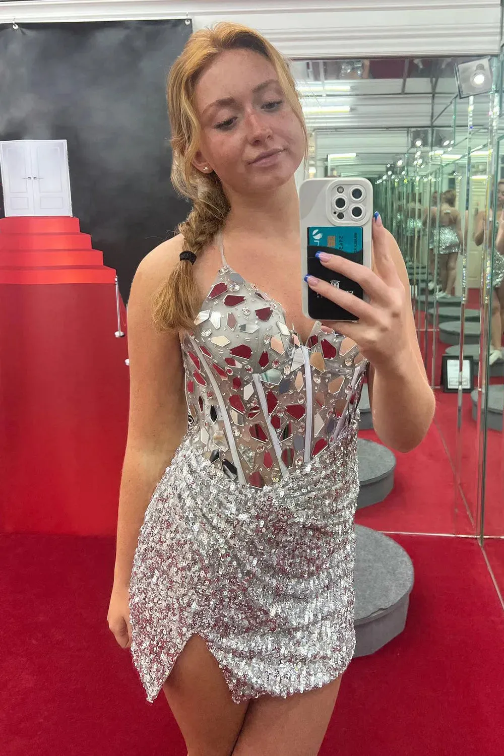 Bodycon V Neck Dark Green Sequins Short Homecoming Dresses with Mirror-cuts VK082106